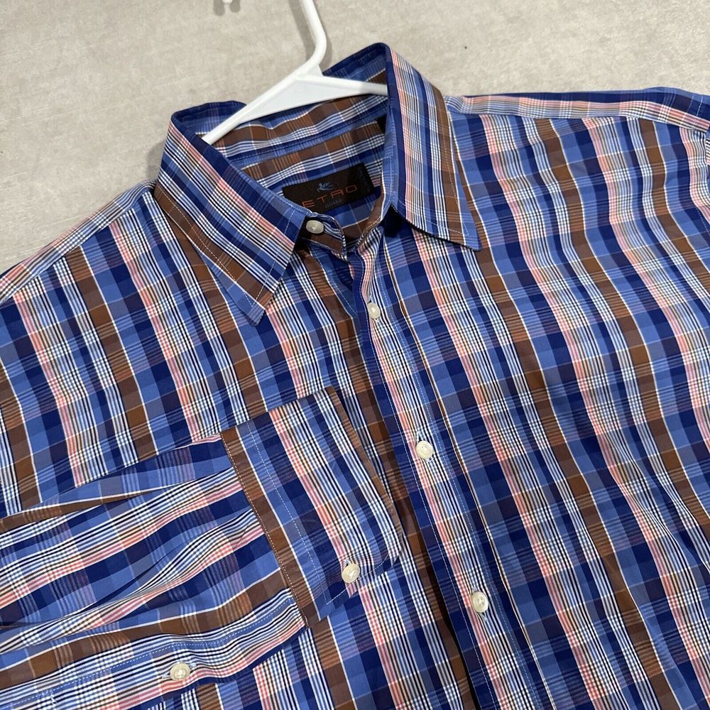 Etro Milano Mens Long Sleeve Button Up Dress Shirt Size 41 Plaid Blue Pink Brown